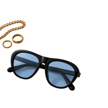 Load image into Gallery viewer, Oversized black Outside Pressure sunglasses with blue tinted lenses from Adore Her Sole.
