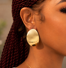 Load image into Gallery viewer, Woman wearing chunky gold geometric Big Pressure statement earrings from Adore Her Sole.
