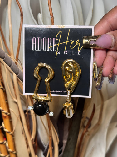 statement earrings, mismatched earrings, artsy jewelry, unique earrings, bold gold earrings, abstract earrings, pearl drop earrings, fashion jewelry, Adore Her Sole, Bold Edit