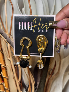 statement earrings, mismatched earrings, artsy jewelry, unique earrings, bold gold earrings, abstract earrings, pearl drop earrings, fashion jewelry, Adore Her Sole, Bold Edit