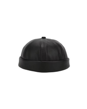 Load image into Gallery viewer, brimless leather hat, black leather cap, edgy fall accessories, minimalist street style, women’s leather hats, Adore Her Sole bold edit, fashion-forward headwear
