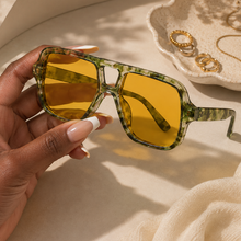 Load image into Gallery viewer, Oversized Big Mood sunglasses with leopard print frames and yellow tinted lenses from Adore Her Sole.
